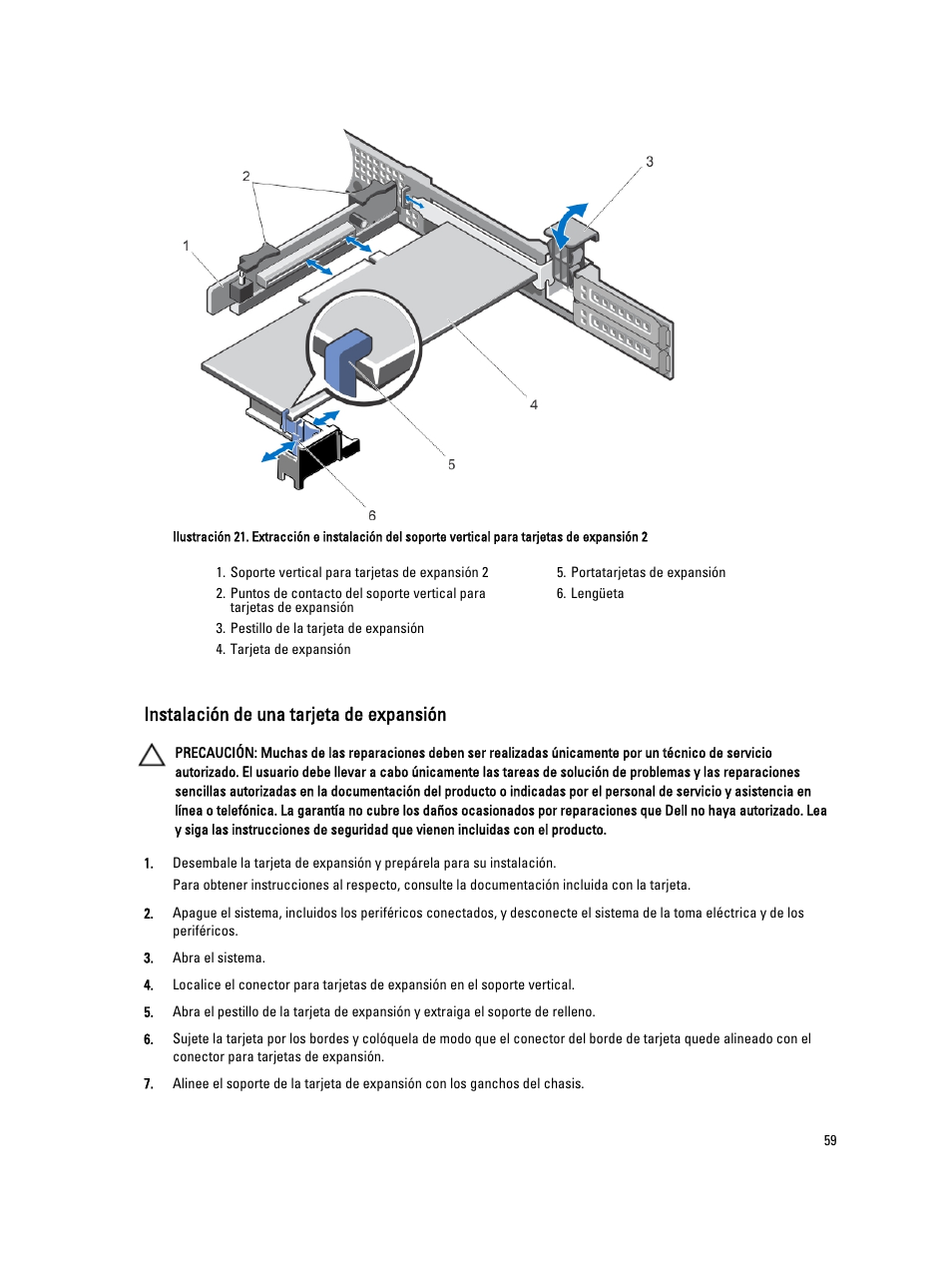 Instalación de una tarjeta de expansión | Dell Powervault NX400 User Manual | Page 59 / 137