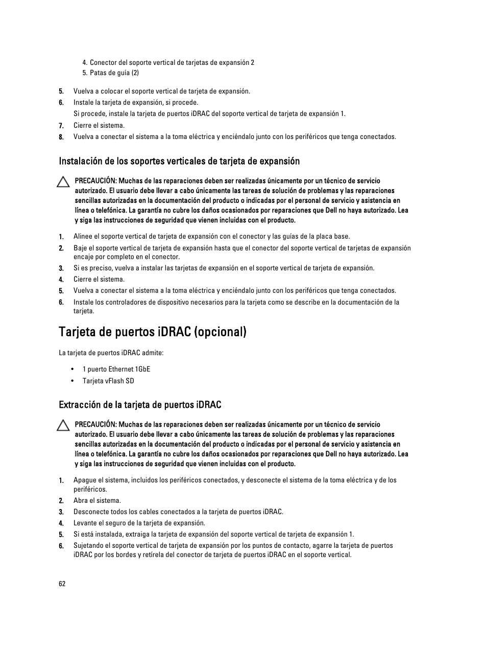 Tarjeta de puertos idrac (opcional), Extracción de la tarjeta de puertos idrac | Dell Powervault NX400 User Manual | Page 62 / 137