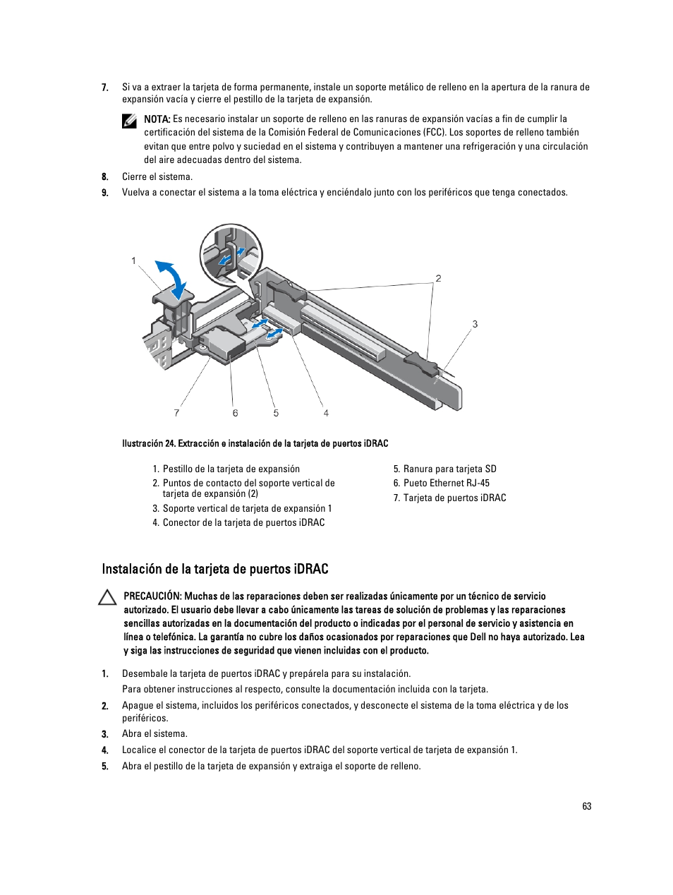 Instalación de la tarjeta de puertos idrac | Dell Powervault NX400 User Manual | Page 63 / 137