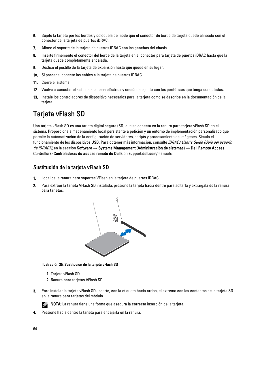 Tarjeta vflash sd, Sustitución de la tarjeta vflash sd | Dell Powervault NX400 User Manual | Page 64 / 137