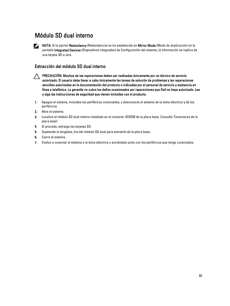 Módulo sd dual interno, Extracción del módulo sd dual interno | Dell Powervault NX400 User Manual | Page 65 / 137