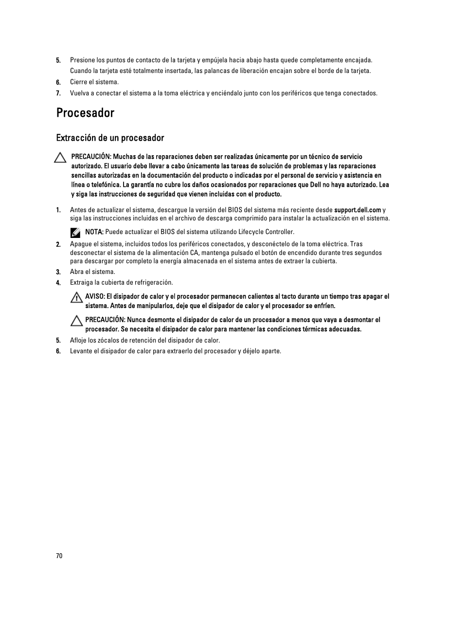 Procesador, Extracción de un procesador | Dell Powervault NX400 User Manual | Page 70 / 137