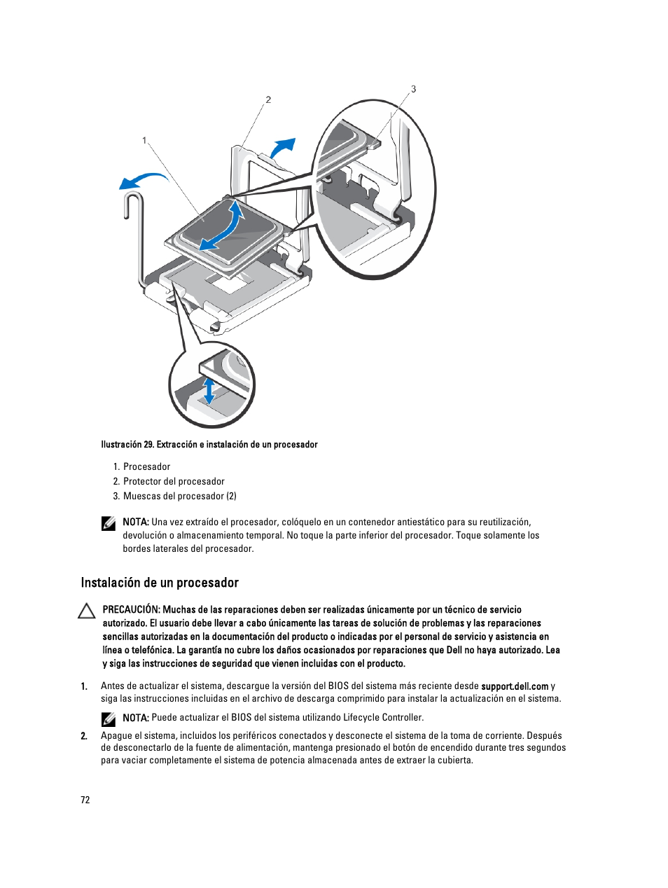 Instalación de un procesador | Dell Powervault NX400 User Manual | Page 72 / 137