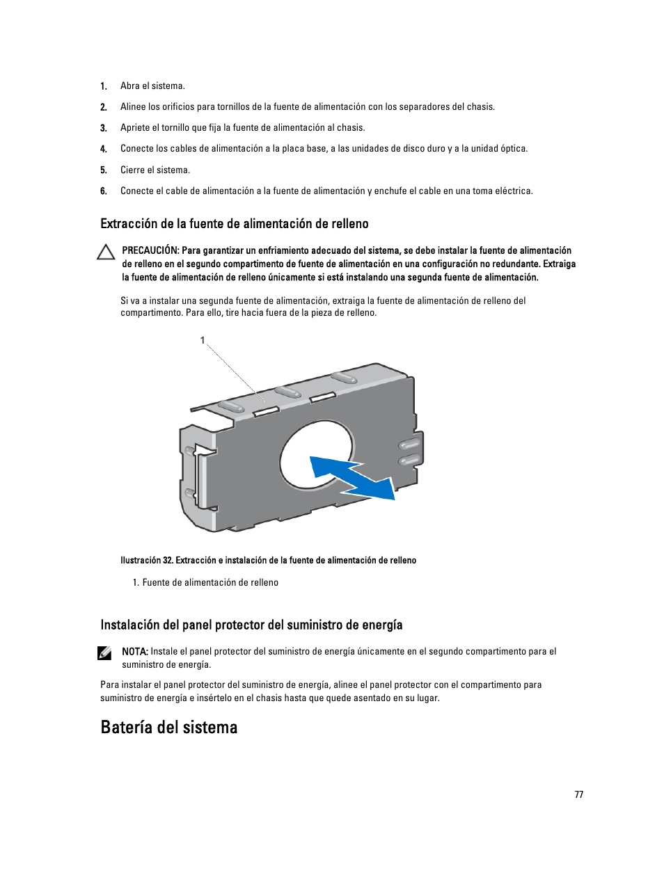 Extracción de la fuente de alimentación de relleno, Batería del sistema | Dell Powervault NX400 User Manual | Page 77 / 137