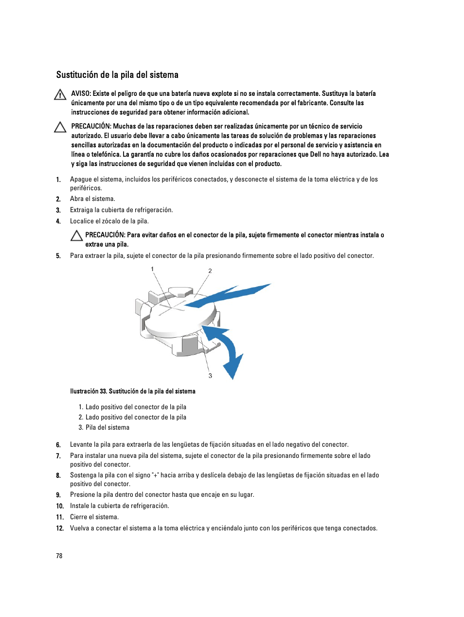 Sustitución de la pila del sistema | Dell Powervault NX400 User Manual | Page 78 / 137