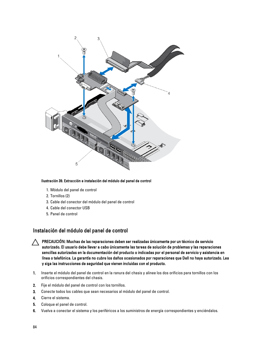 Instalación del módulo del panel de control | Dell Powervault NX400 User Manual | Page 84 / 137