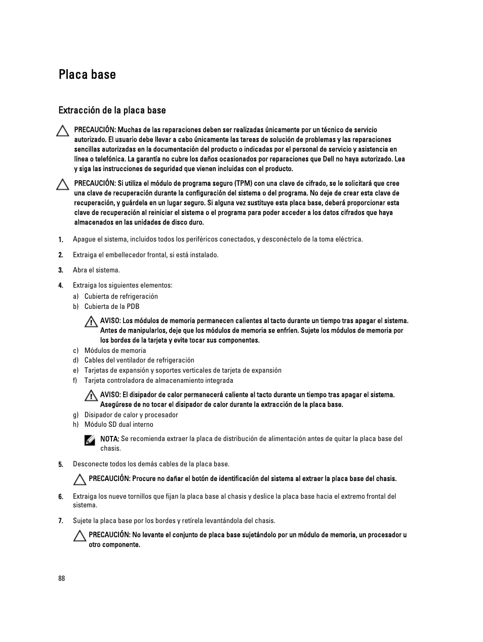 Placa base, Extracción de la placa base | Dell Powervault NX400 User Manual | Page 88 / 137