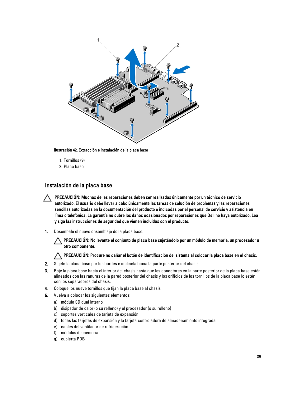 Instalación de la placa base | Dell Powervault NX400 User Manual | Page 89 / 137