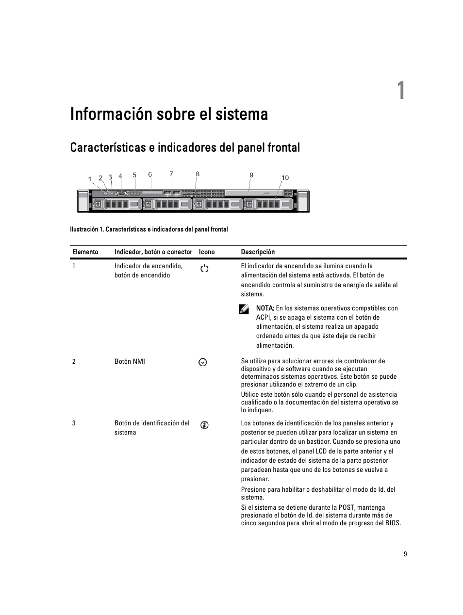 Información sobre el sistema, Características e indicadores del panel frontal, Capítulo 1: información sobre el sistema | Dell Powervault NX400 User Manual | Page 9 / 137