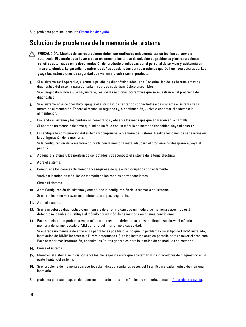 Solución de problemas de la memoria del sistema | Dell Powervault NX400 User Manual | Page 96 / 137