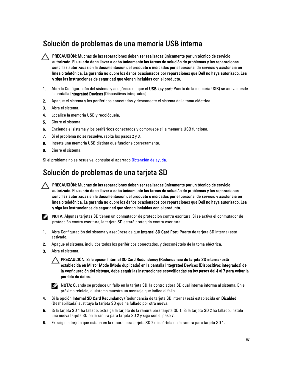 Solución de problemas de una memoria usb interna, Solución de problemas de una tarjeta sd | Dell Powervault NX400 User Manual | Page 97 / 137