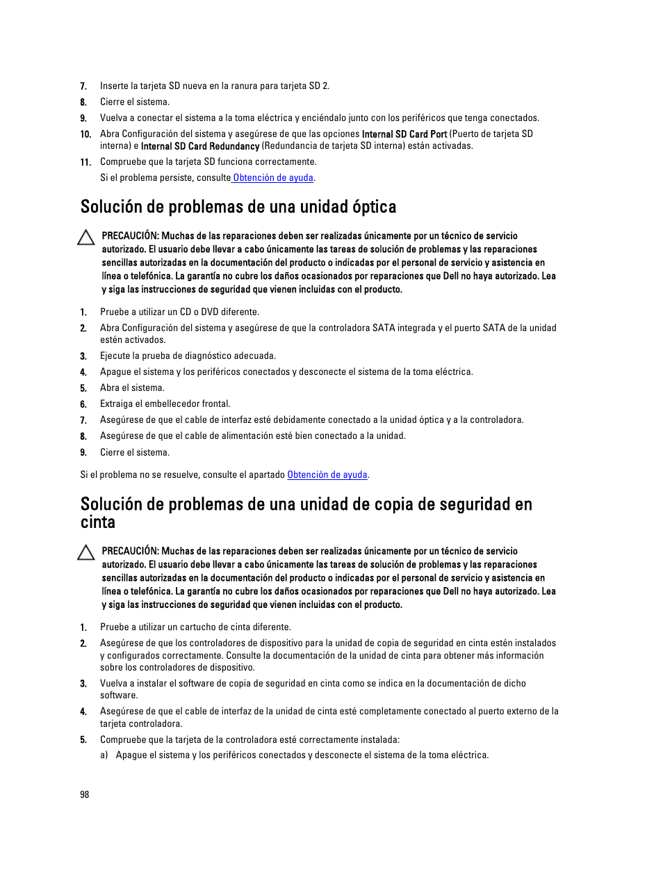 Solución de problemas de una unidad óptica | Dell Powervault NX400 User Manual | Page 98 / 137