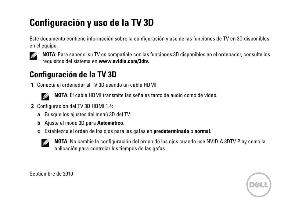 Configuración y uso de la tv 3d, Configuración de la tv 3d | Dell XPS 14 (L401X, Late 2010) User Manual | Page 29 / 36