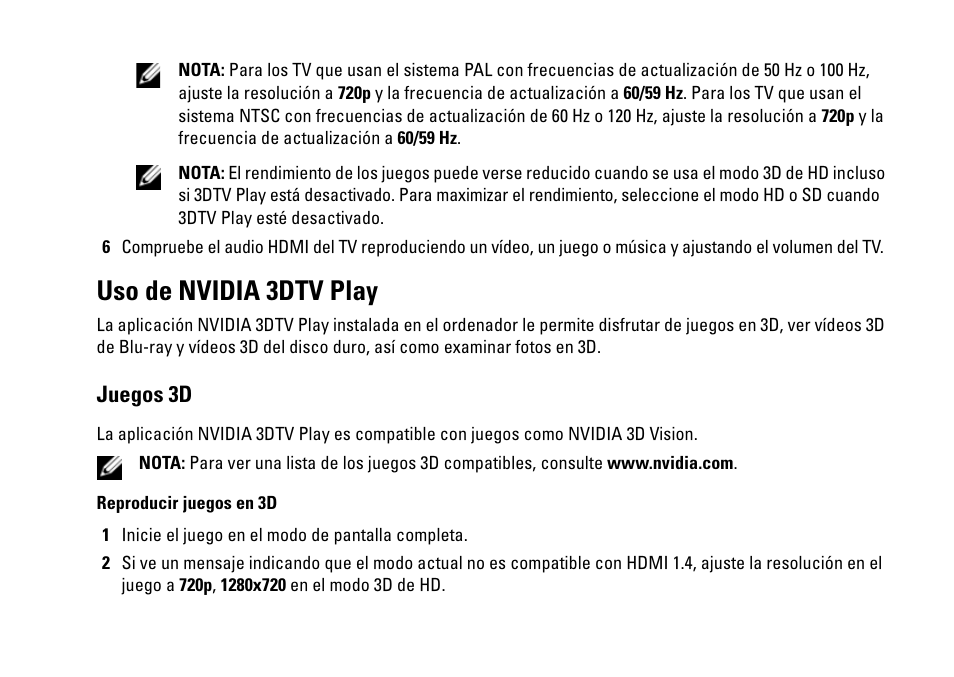 Uso de nvidia 3dtv play, Juegos 3d | Dell XPS 14 (L401X, Late 2010) User Manual | Page 31 / 36