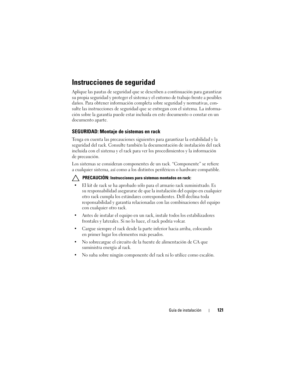 Instrucciones de seguridad, Seguridad: montaje de sistemas en rack | Dell PowerEdge Rack Enclosure 2420 User Manual | Page 123 / 148