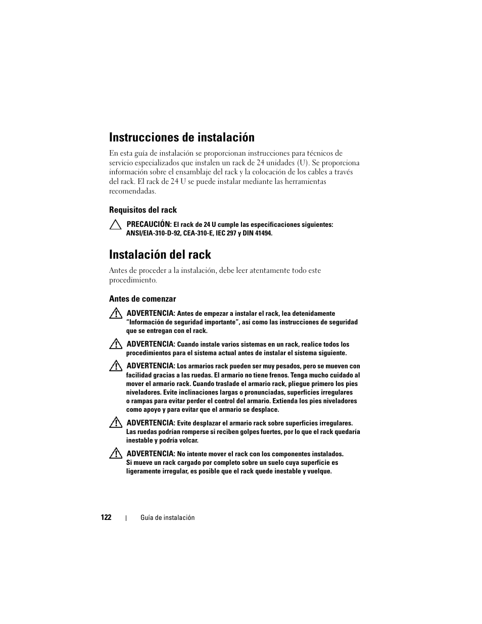 Instrucciones de instalación, Requisitos del rack, Instalación del rack | Antes de comenzar | Dell PowerEdge Rack Enclosure 2420 User Manual | Page 124 / 148