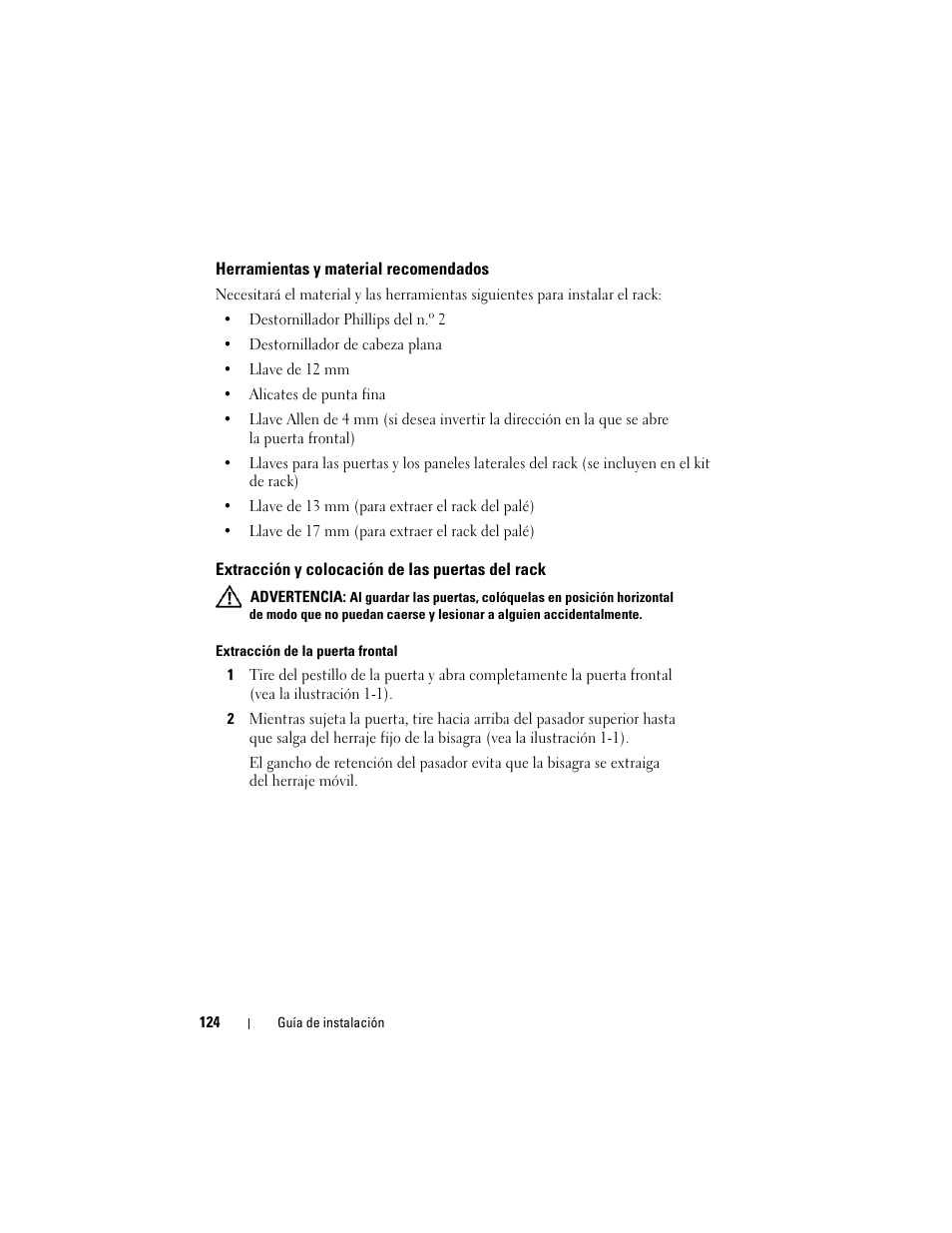 Herramientas y material recomendados, Extracción y colocación de las puertas del rack | Dell PowerEdge Rack Enclosure 2420 User Manual | Page 126 / 148