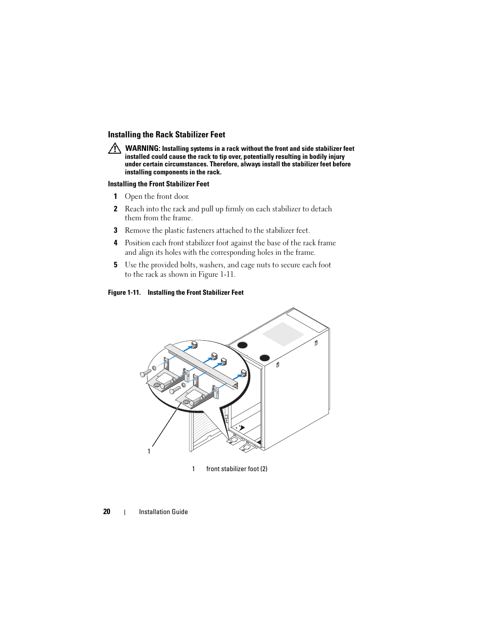 Installing the rack stabilizer feet | Dell PowerEdge Rack Enclosure 2420 User Manual | Page 22 / 148