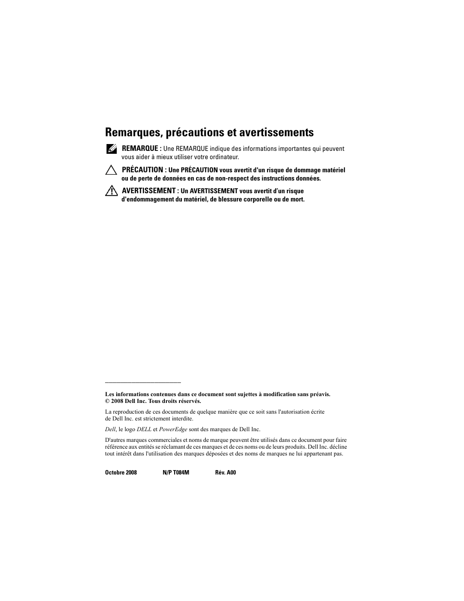 Remarques, précautions et avertissements | Dell PowerEdge Rack Enclosure 2420 User Manual | Page 32 / 148