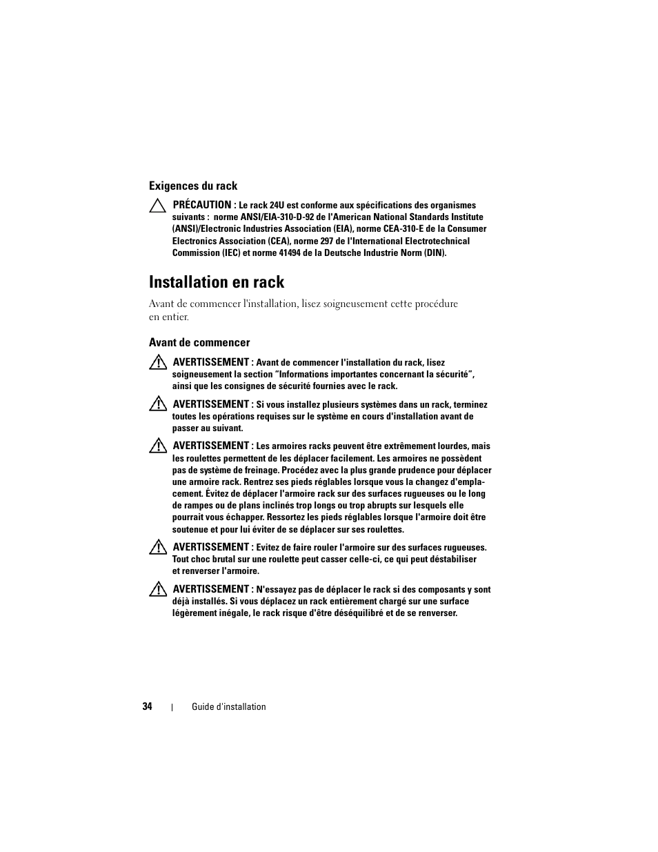 Exigences du rack, Installation en rack, Avant de commencer | Dell PowerEdge Rack Enclosure 2420 User Manual | Page 36 / 148