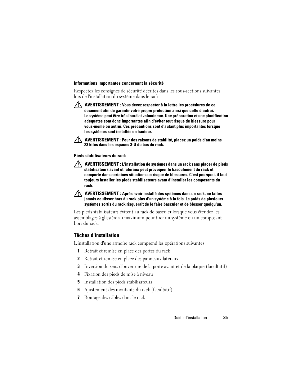 Tâches d'installation | Dell PowerEdge Rack Enclosure 2420 User Manual | Page 37 / 148