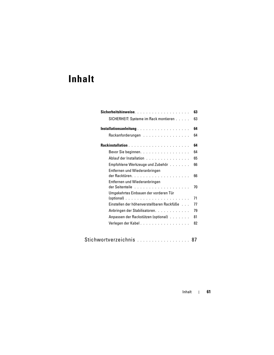 Inhalt, Stichwortverzeichnis | Dell PowerEdge Rack Enclosure 2420 User Manual | Page 63 / 148