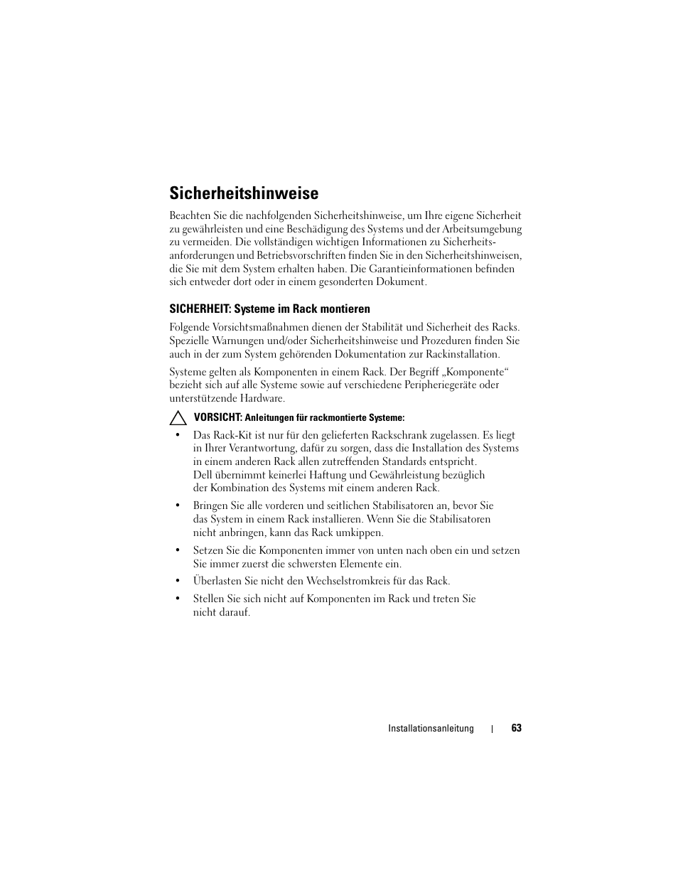 Sicherheitshinweise, Sicherheit: systeme im rack montieren | Dell PowerEdge Rack Enclosure 2420 User Manual | Page 65 / 148