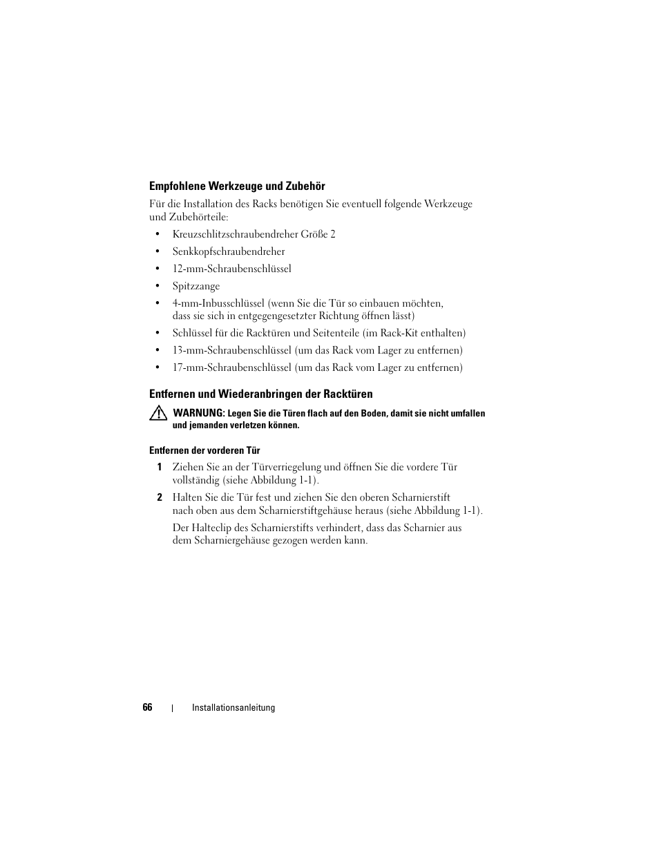 Empfohlene werkzeuge und zubehör, Entfernen und wiederanbringen der racktüren | Dell PowerEdge Rack Enclosure 2420 User Manual | Page 68 / 148