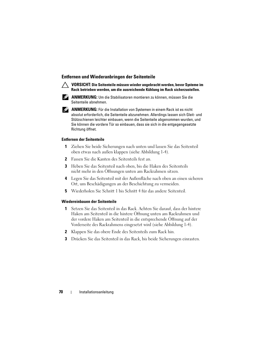 Entfernen und wiederanbringen der seitenteile | Dell PowerEdge Rack Enclosure 2420 User Manual | Page 72 / 148