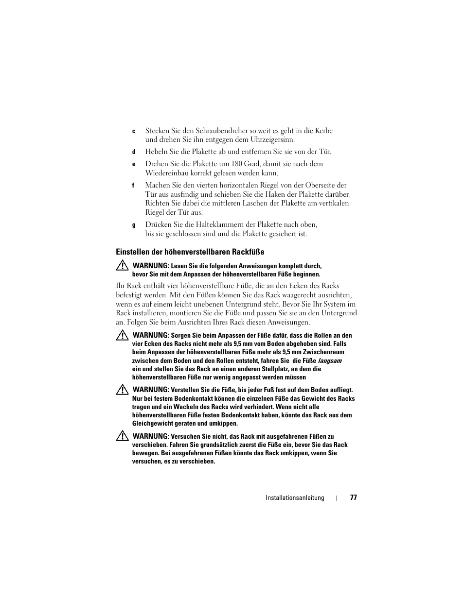 Einstellen der höhenverstellbaren rackfüße | Dell PowerEdge Rack Enclosure 2420 User Manual | Page 79 / 148