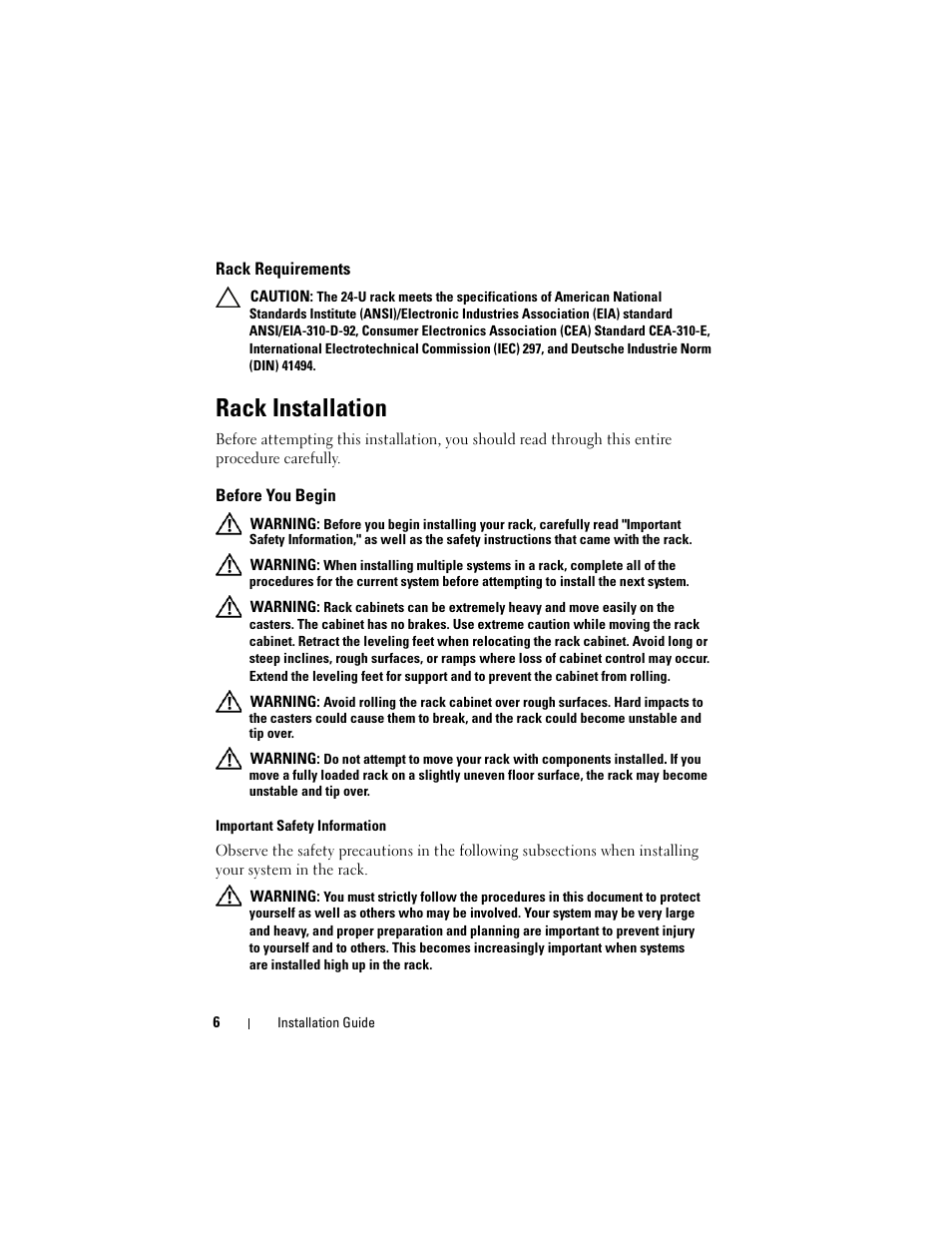 Rack requirements, Rack installation, Before you begin | Dell PowerEdge Rack Enclosure 2420 User Manual | Page 8 / 148