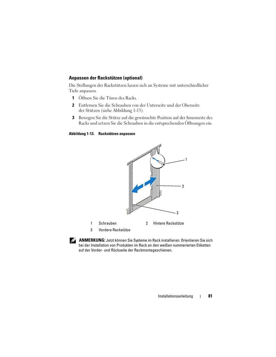 Anpassen der rackstützen (optional) | Dell PowerEdge Rack Enclosure 2420 User Manual | Page 83 / 148