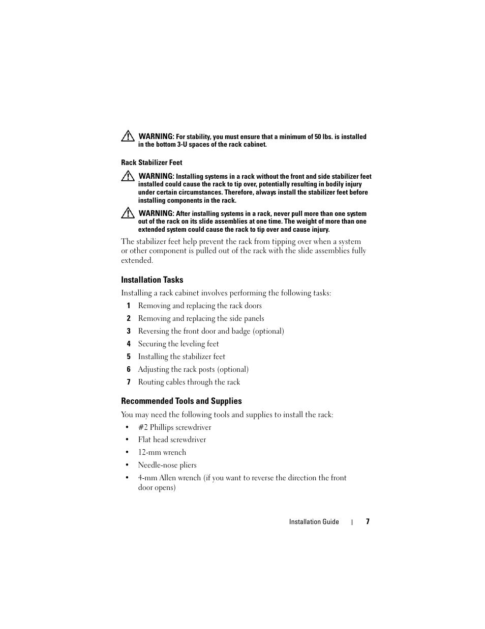 Installation tasks, Recommended tools and supplies | Dell PowerEdge Rack Enclosure 2420 User Manual | Page 9 / 148