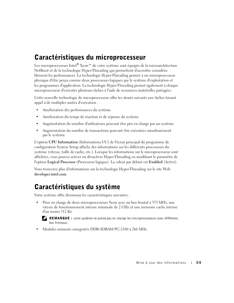 Caractéristiques du microprocesseur, Caractéristiques du système | Dell PowerEdge 2650 User Manual | Page 23 / 58