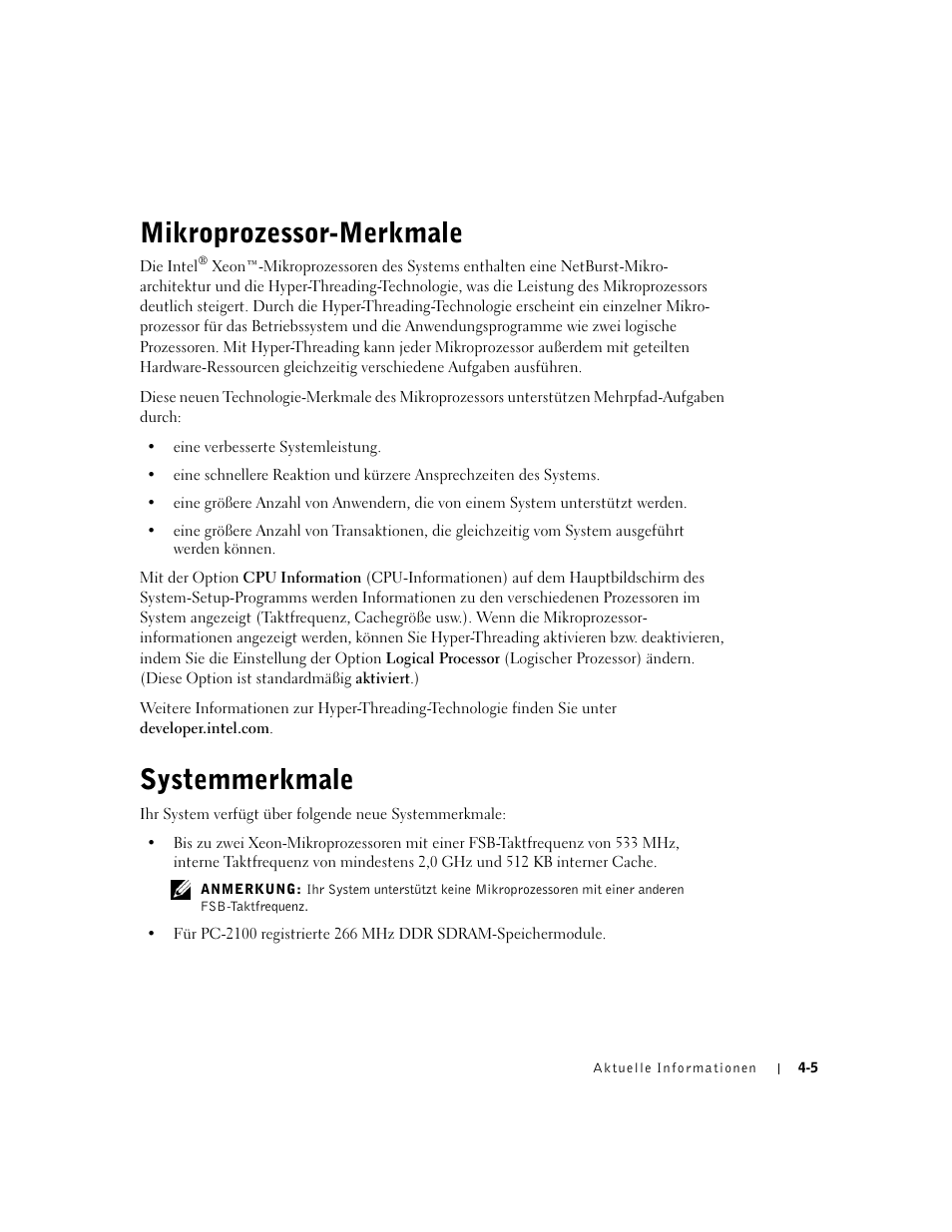 Mikroprozessor-merkmale, Systemmerkmale | Dell PowerEdge 2650 User Manual | Page 31 / 58