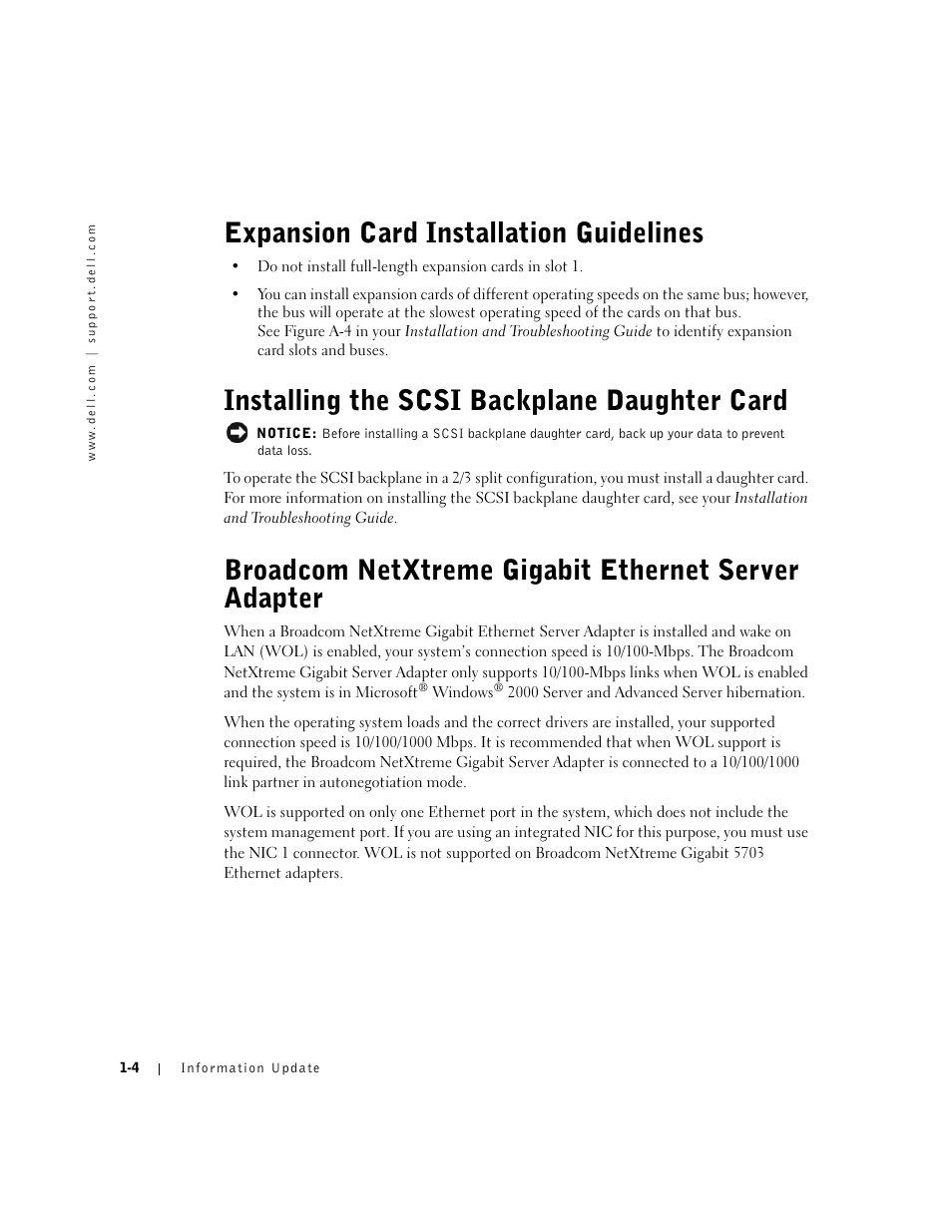 Expansion card installation guidelines, Installing the scsi backplane daughter card, Broadcom netxtreme gigabit ethernet server adapter | Dell PowerEdge 2650 User Manual | Page 6 / 58