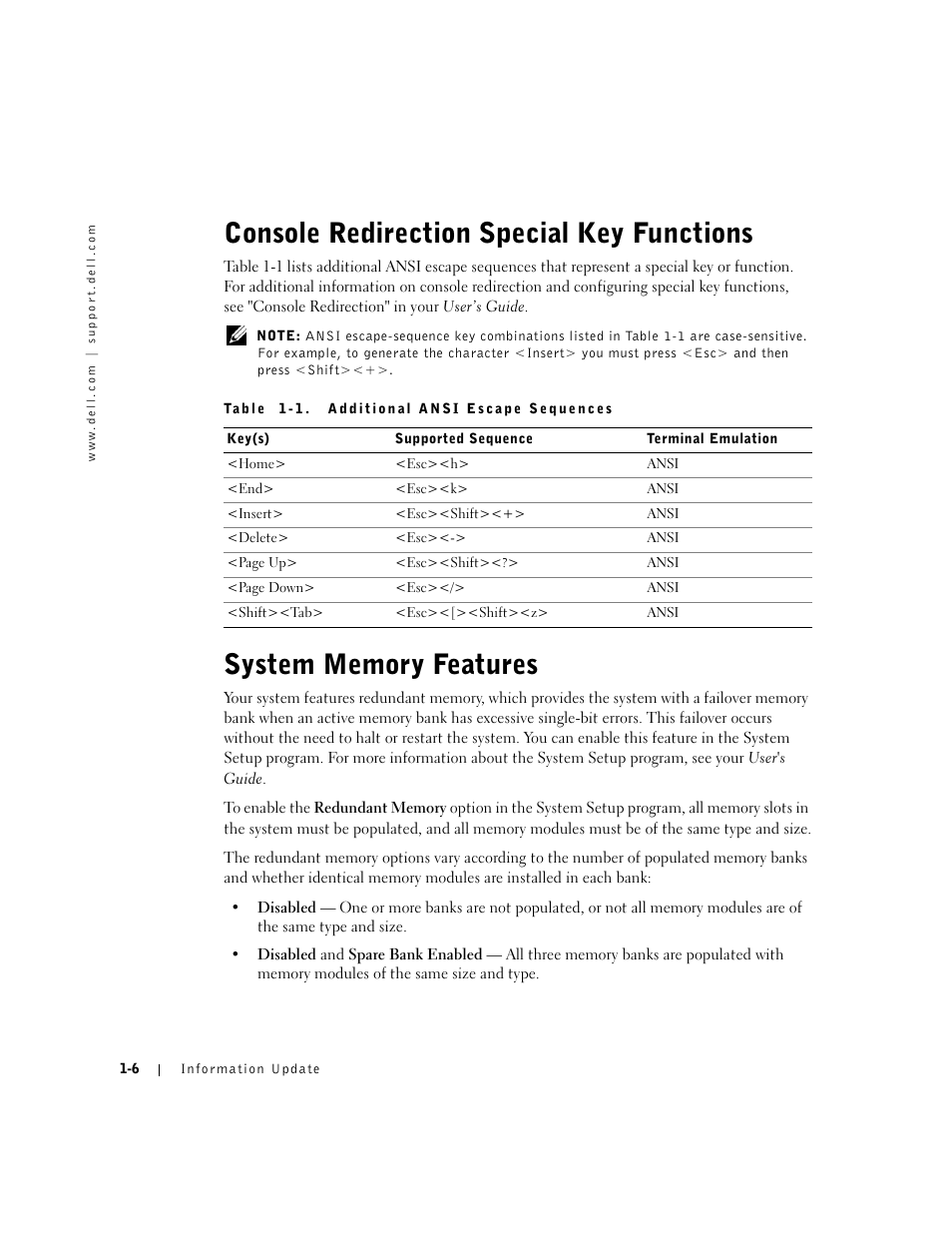 Console redirection special key functions, System memory features | Dell PowerEdge 2650 User Manual | Page 8 / 58