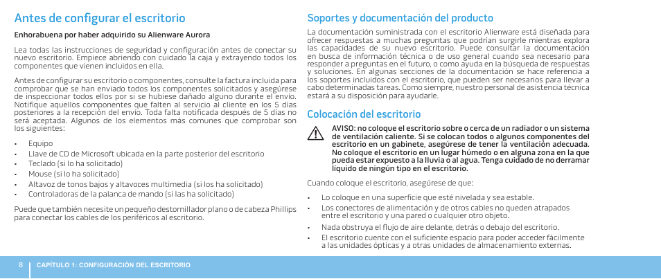 Antes de configurar su escritorio, Antes de configurar el escritorio, Soportes y documentación del producto | Colocación del escritorio | Dell Alienware Aurora R3 (Early 2011) User Manual | Page 10 / 70
