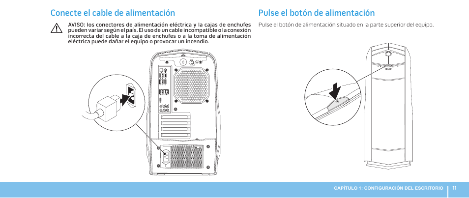 Conecte el cable de alimentación, Pulse el botón de alimentación | Dell Alienware Aurora R3 (Early 2011) User Manual | Page 13 / 70