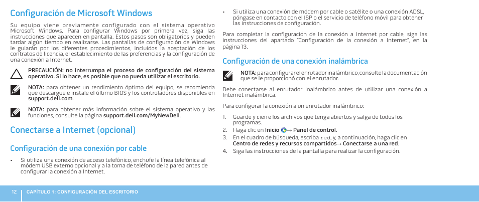 Configuración de microsoft windows, Conectarse a internet (opcional), Configuración de una conexión inalámbrica | Configuración de una conexión por cable | Dell Alienware Aurora R3 (Early 2011) User Manual | Page 14 / 70