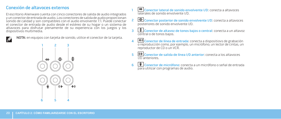 Conexión de altavoces externos | Dell Alienware Aurora R3 (Early 2011) User Manual | Page 22 / 70