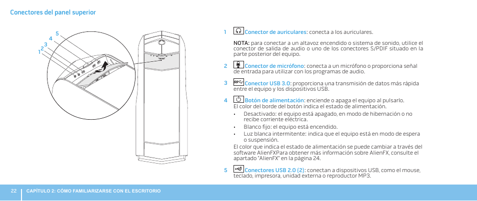 Conectores del panel superior | Dell Alienware Aurora R3 (Early 2011) User Manual | Page 24 / 70