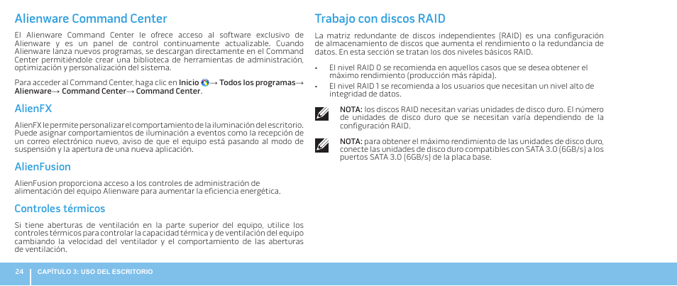 Alienware command center, Trabajo con discos raid, Alienware command center trabajo con discos raid | Alienfx, Alienfusion, Controles térmicos | Dell Alienware Aurora R3 (Early 2011) User Manual | Page 26 / 70