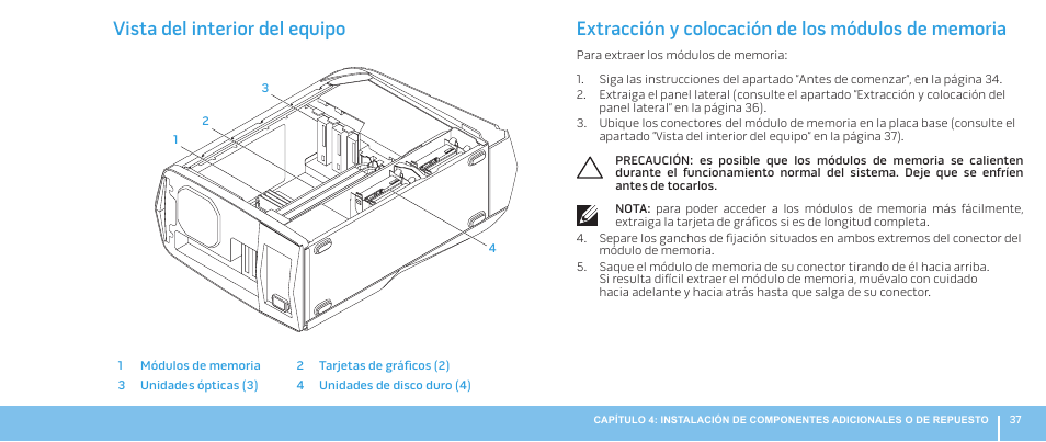 Vista del interior del equipo, Extracción y colocación de los módulos de memoria | Dell Alienware Aurora R3 (Early 2011) User Manual | Page 39 / 70