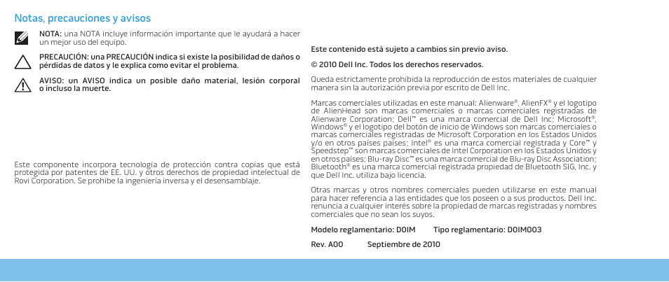 Notas, precauciones y avisos | Dell Alienware Aurora R3 (Early 2011) User Manual | Page 4 / 70