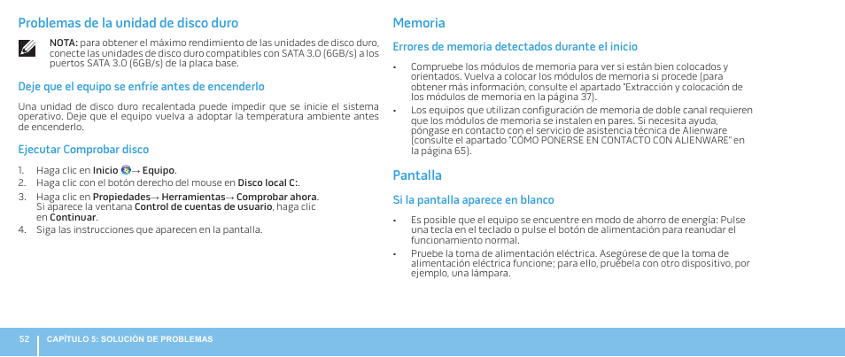 Problemas de la unidad de disco duro, Pantalla | Dell Alienware Aurora R3 (Early 2011) User Manual | Page 54 / 70