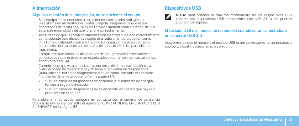 Alimentación, Dispositivos usb | Dell Alienware Aurora R3 (Early 2011) User Manual | Page 55 / 70