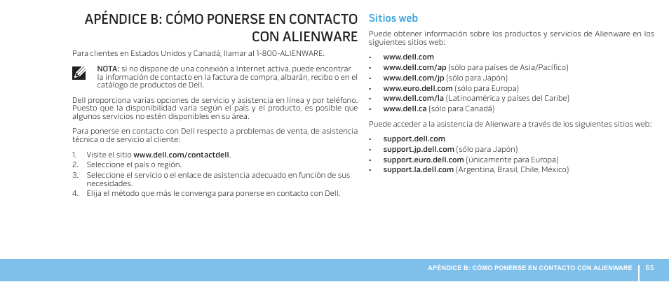 Apéndice b: cómo ponerse en contacto con alienware, Sitios web | Dell Alienware Aurora R3 (Early 2011) User Manual | Page 67 / 70