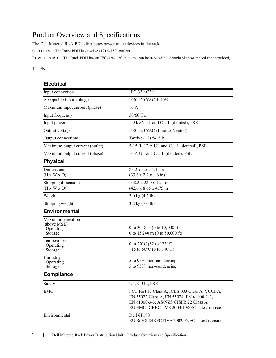 Product overview and specifications | Dell Metered PDU LED User Manual | Page 2 / 12