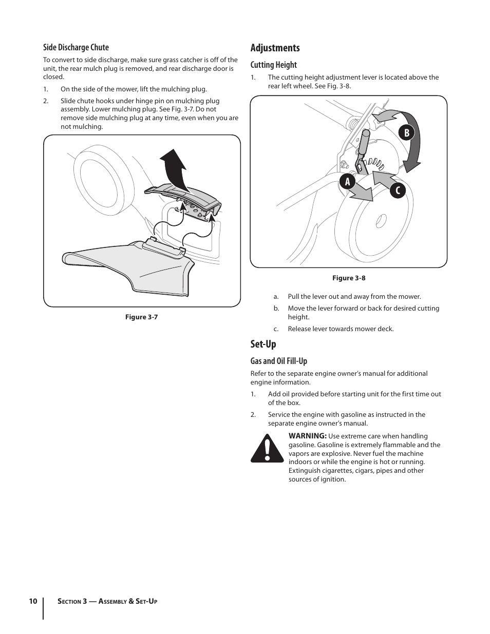 Adjustments, Set-up, Ab c | Cub Cadet Series 180 User Manual | Page 10 / 40